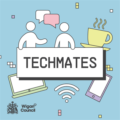 TechMates banner on blue square background with icons including a laptop, people and a cup