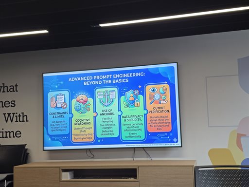 Large digital screen showing a colourful presentation slide