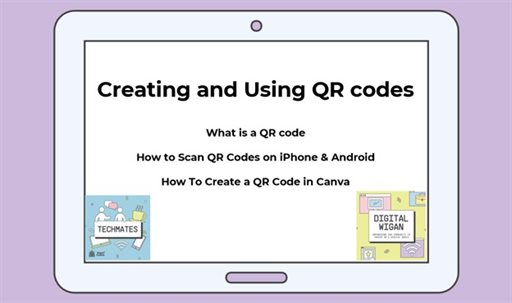 Tablet screen showing a presentation slide titled &amp;#39;Creating and using QR codes&amp;#39;
