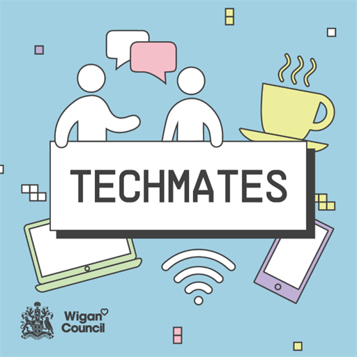 TechMates banner on blue square background with icons including a laptop, people and a cup