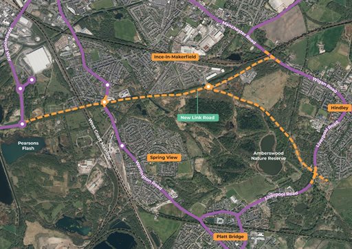 Aerial map view of Wigan to Hindley Link Road plan