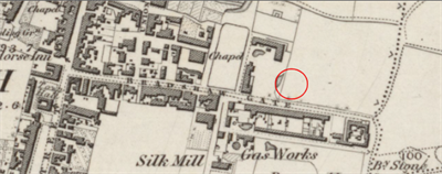 Ordnance Survey map (surveyed 1845-1847, published 1849) showing open fields where 97-99 Bradshawgate are now located (red circle shows approximate location).
