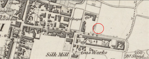 Ordnance Survey map (surveyed 1845-1847, published 1849) showing open fields where 97-99 Bradshawgate are now located (red circle shows approximate location).
