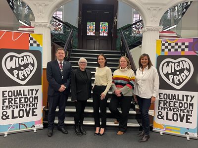 Lower res Councillor Dane Anderton, Wigan Pride representative Carmel Baines and Calisen's Kim Ratcliffe, Claire Smallman and San Johal