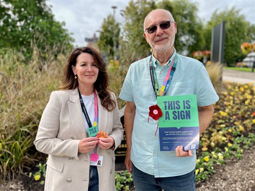 Councillor Keith Cunliffe and director of public health Rachael Musgrave with Flowers of Hope at Believe Square, Wigan v2