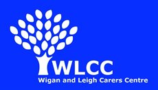 A tree type figure on a blue background with white writing - WLCC Wigan and Leigh Carers' centre