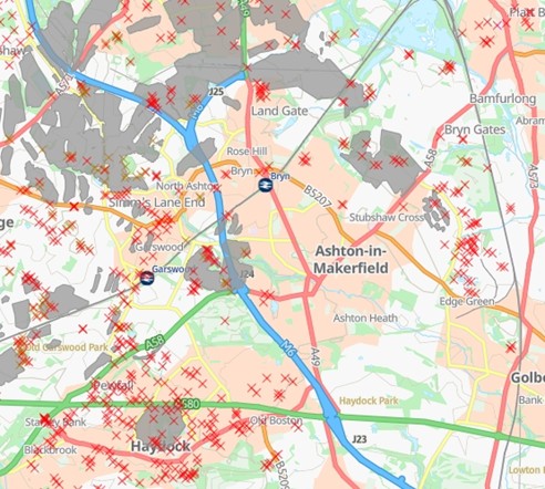 Mining Remediation Authority Mapping around Ashton-in-Makerfield. Red crosses indicate mine entries and the grey areas show past Surface mining.