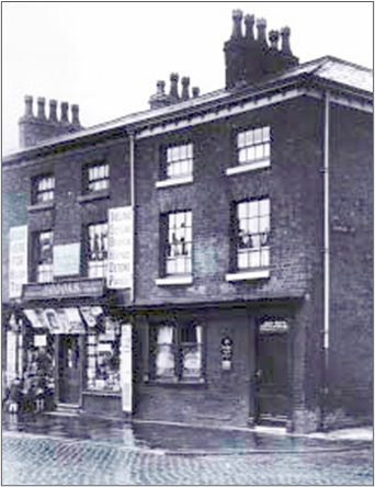 Bradshawgate and the Bradshawgate Inn, taken from the corner of Charles Street. Old black and white photo