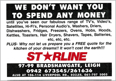 Black-and-white advertisement with bold headline reading &ldquo;WE DON&rsquo;T WANT YOU TO SPEND ANY MONEY.&rdquo; Below, smaller text lists household electronics and appliances such as TVs, videos, hi-fis, washers, fridges, ovens, kettles, and more. A promotional line inv