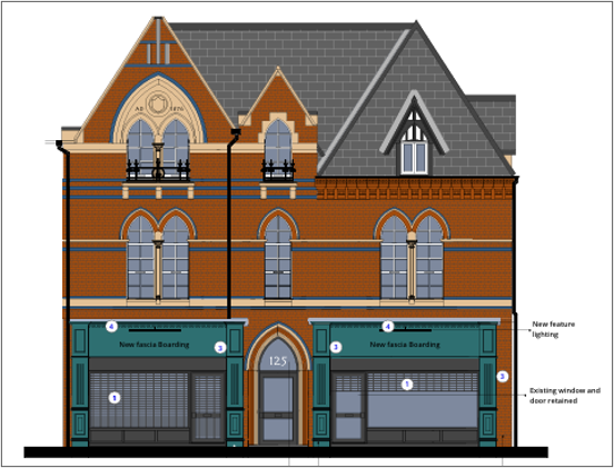 Artist's impression of the proposed shopfront improvement showing two shop windows on the ground floor of a three-storey buiilding