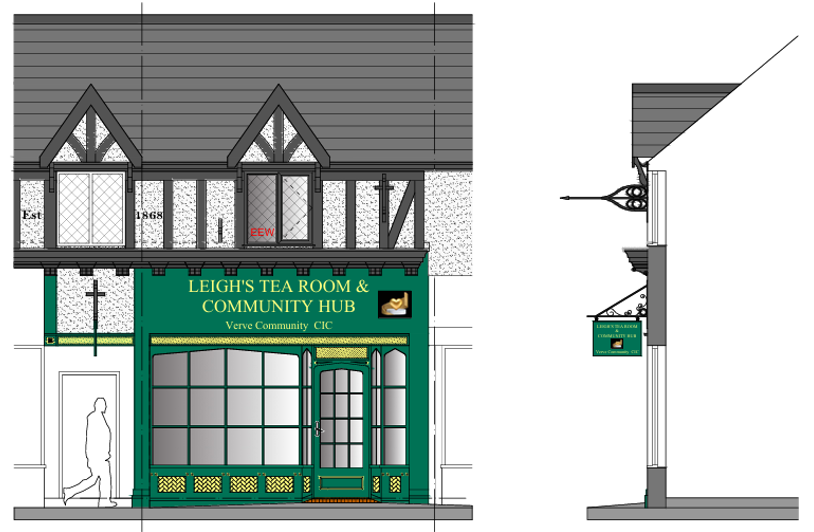 Front and side view of 98 Bradshaw proposed designs. Tudor-style building with the sign Leigh's Tea Room and Community Hub Verve Community CIC