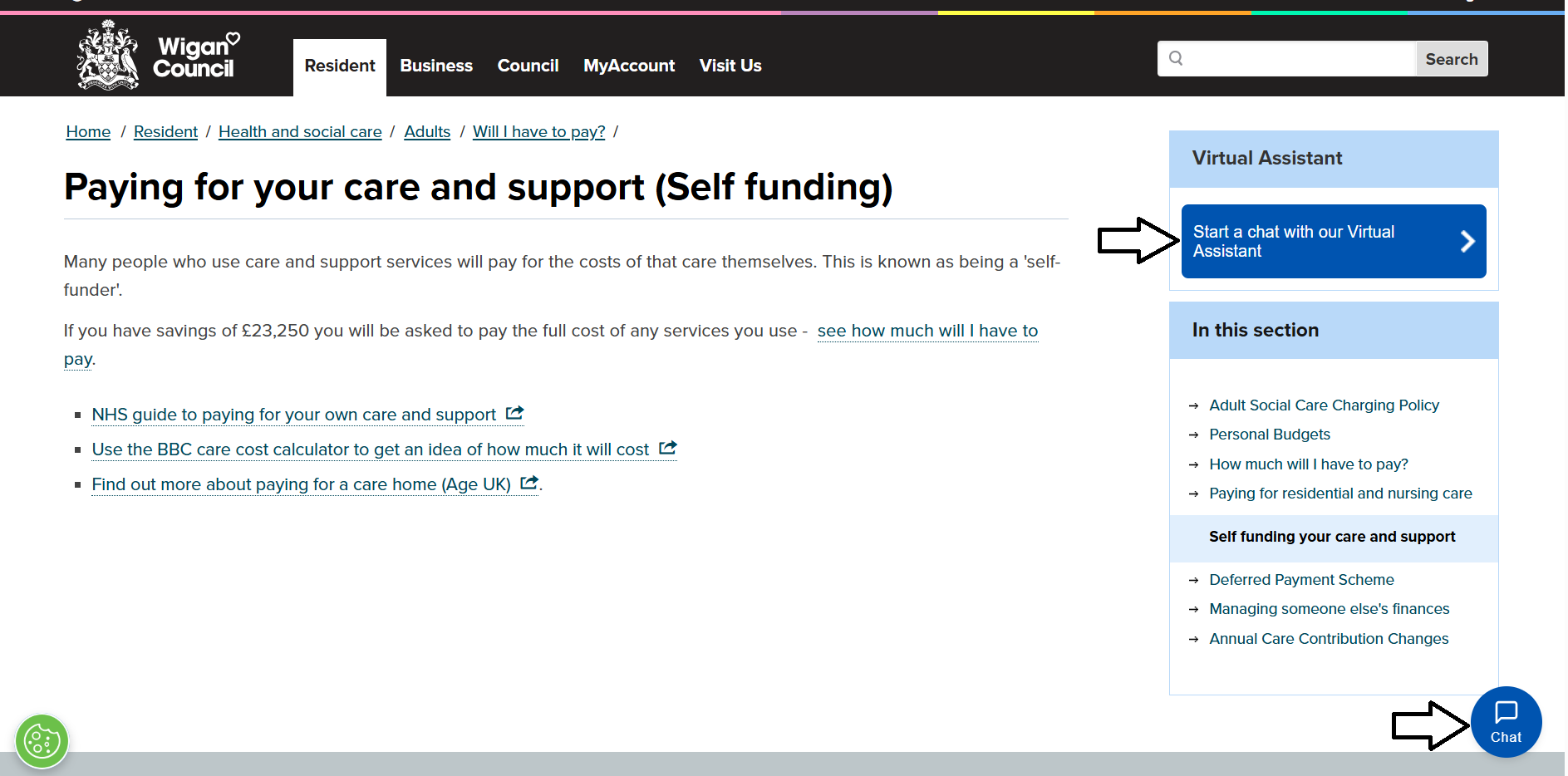 Screenshot of where the Adult Social Care Virtual Assistant appears on the screen