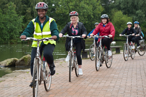 Cyclists riding through the area