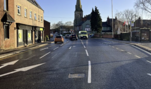 Road junction with church in the background